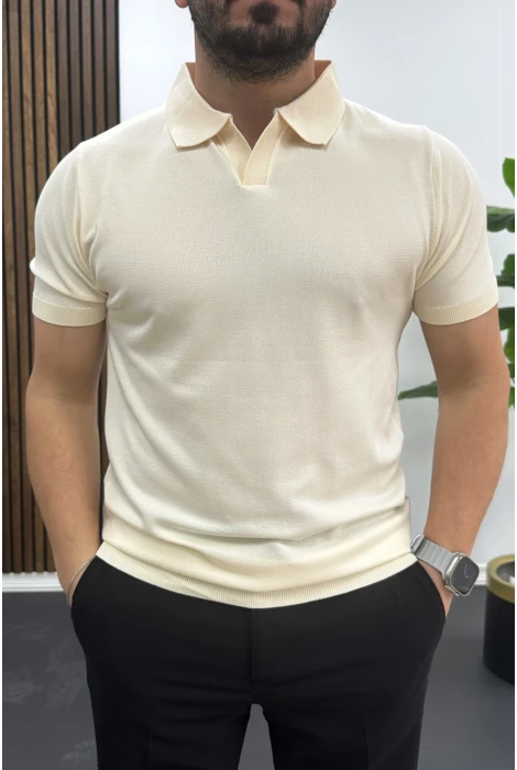 Erkek Açık Yaka Düz Tişört Krem Edw461