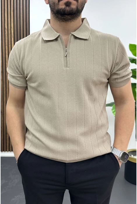 Erkek Nokta Desenli Polo Yaka Tişört Vizon Edw462