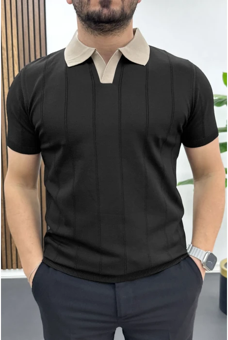 Erkek Yaka Detaylı Tişört Siyah Edw463