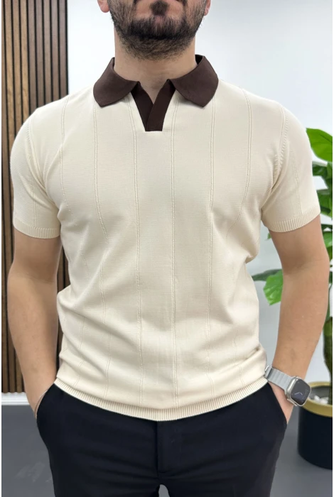 Erkek Yaka Detaylı Tişört Krem Edw463