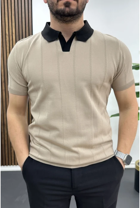 Erkek Yaka Detaylı Tişört Vizon Edw463