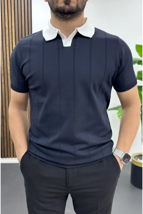 Erkek Yaka Detaylı Tişört Lacivert Edw463