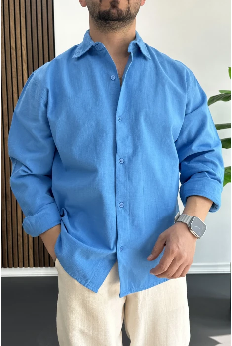 Erkek Pamuklu Keten Görünümlü Gömlek Mavi Edw444