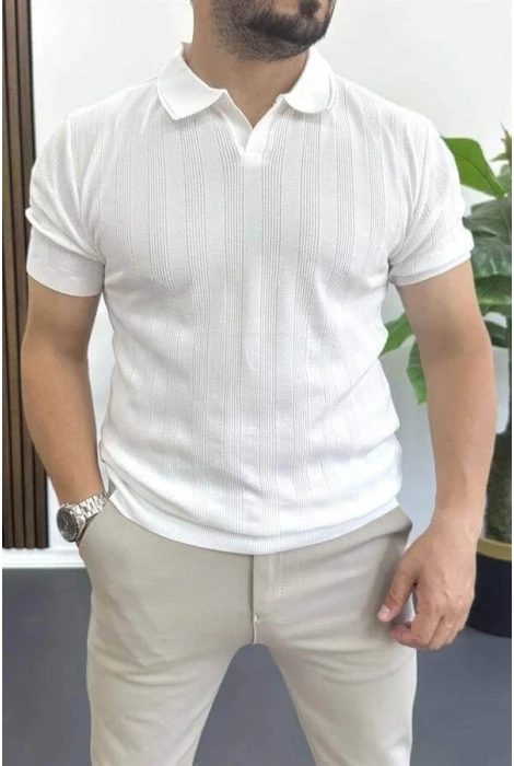 Erkek Açık Yaka Desenli Tişört Beyaz Edw385