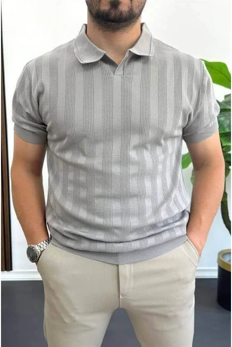 Erkek Açık Yaka Desenli Tişört Gri Edw385