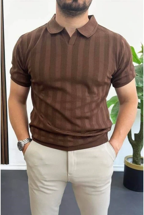 Erkek Açık Yaka Desenli Tişört Kahverengi Edw385