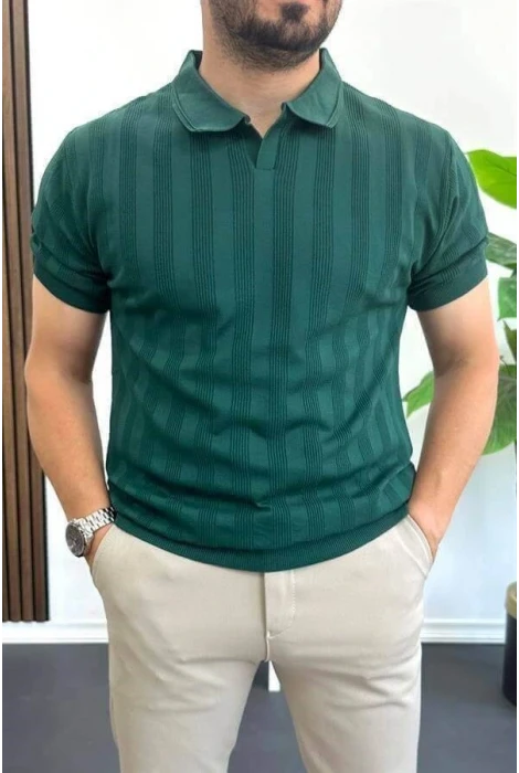 Erkek Açık Yaka Desenli Tişört Koyu Yeşil Edw385