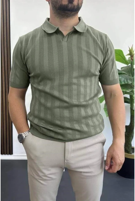 Erkek Açık Yaka Desenli Tişört Yeşil Edw385