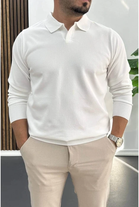 Erkek Açık Yaka Düz Desen Normal Kalıp Kazak Beyaz Edw423