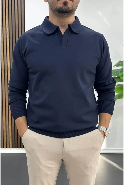 Erkek Açık Yaka Düz Desen Normal Kalıp Kazak Lacivert Edw423