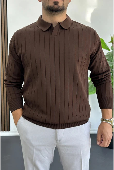 Erkek Açık Yaka Normal Kalıp Kazak Kahverengi Edw412