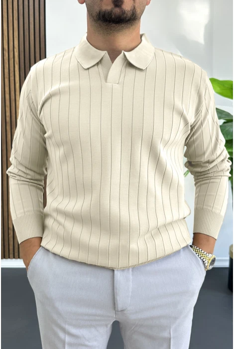 Erkek Açık Yaka Normal Kalıp Kazak Krem Edw412