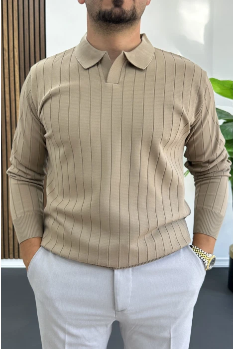 Erkek Açık Yaka Normal Kalıp Kazak Vizon Edw412