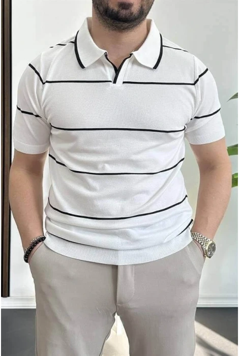 Erkek Açık Yaka Yan Çizgili Tişört Beyaz Edw259