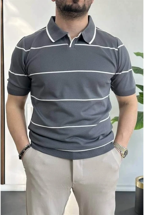 Erkek Açık Yaka Yan Çizgili Tişört Füme Edw259