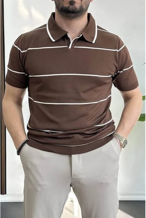 Erkek Açık Yaka Yan Çizgili Tişört Kahverengi Edw259