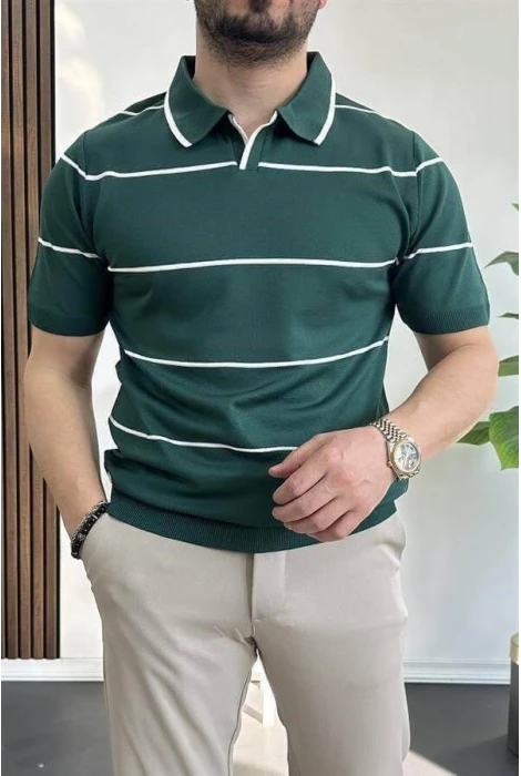 Erkek Açık Yaka Yan Çizgili Tişört Koyu Yeşil Edw259