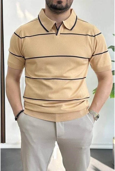 Erkek Açık Yaka Yan Çizgili Tişört Sarı Edw259