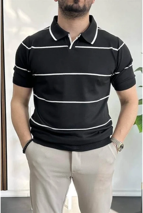 Erkek Açık Yaka Yan Çizgili Tişört Siyah Edw259