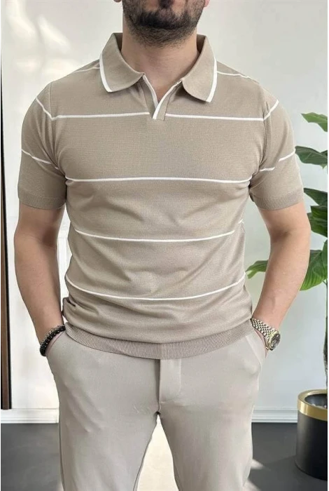 Erkek Açık Yaka Yan Çizgili Tişört Vizon Edw259