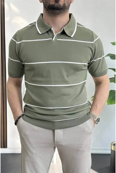 Erkek Açık Yaka Yan Çizgili Tişört Yeşil Edw259