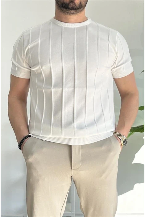 Erkek Bisiklet Yaka Desenli Tişört Beyaz Edw260