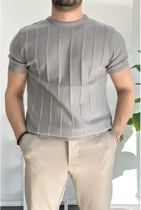 Erkek Bisiklet Yaka Desenli Tişört Gri Edw260