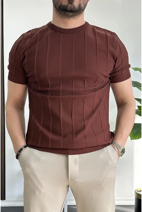 Erkek Bisiklet Yaka Desenli Tişört Kiremit Edw260