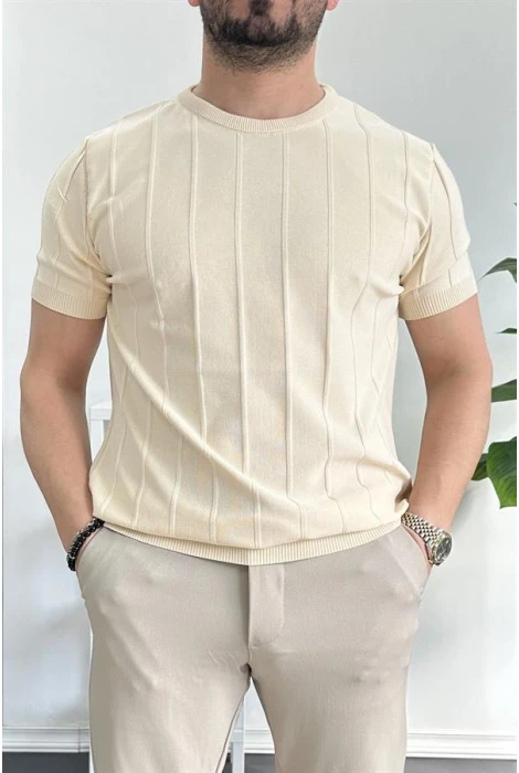 Erkek Bisiklet Yaka Desenli Tişört Krem Edw260