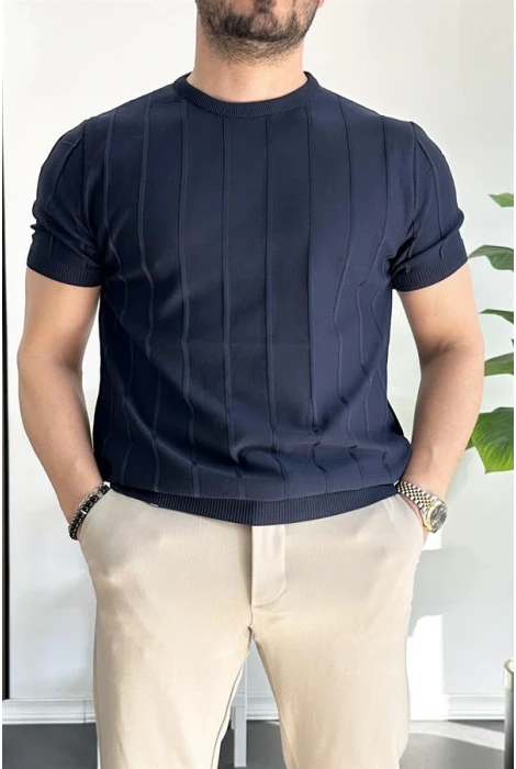 Erkek Bisiklet Yaka Desenli Tişört Lacivert Edw260