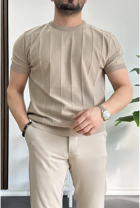 Erkek Bisiklet Yaka Desenli Tişört Vizon Edw260