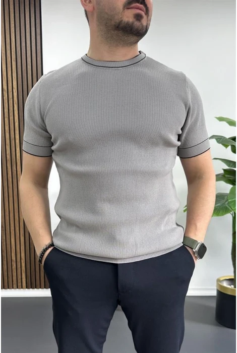 Erkek Bisiklet Yaka Triko Tişört Gri Edw233