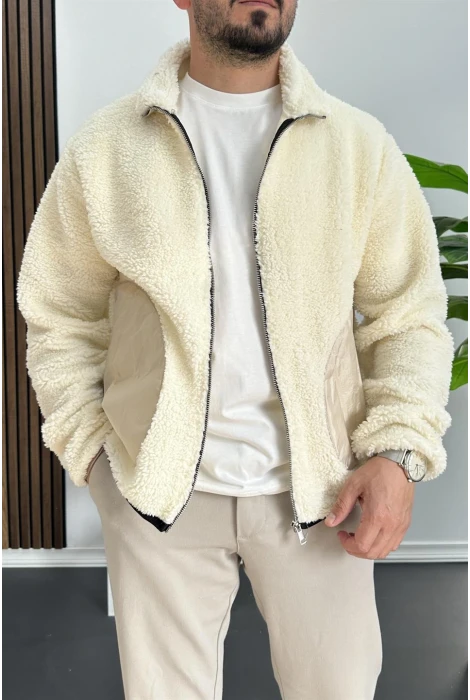 Erkek Cep Detaylı Peluş Hırka Krem Edw432