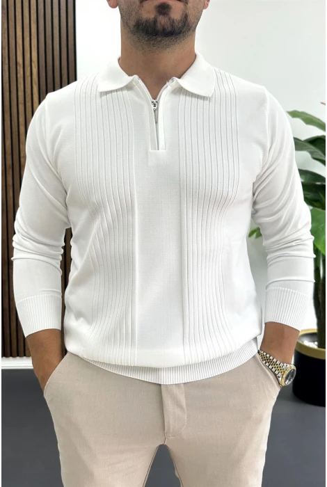 Erkek Çizgi Desenli Normal Kalıp Kazak Beyaz Edw422