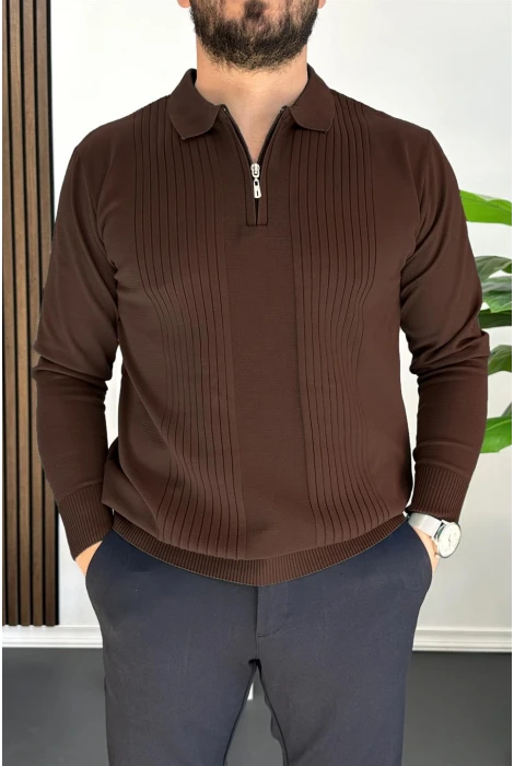 Erkek Çizgi Desenli Normal Kalıp Kazak Koyu Kahverengi Edw422