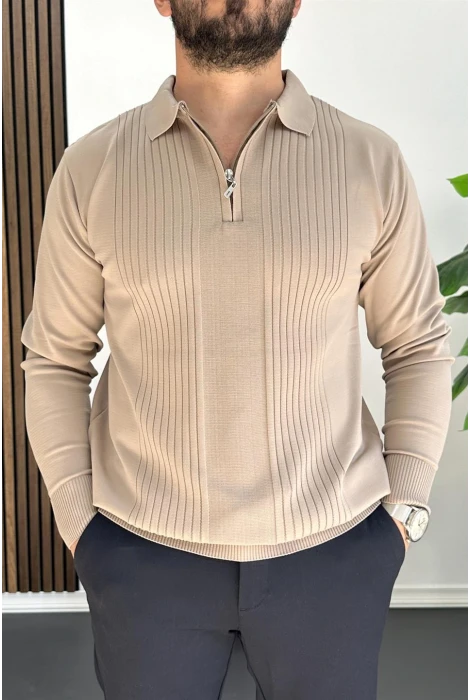 Erkek Çizgi Desenli Normal Kalıp Kazak Vizon Edw422