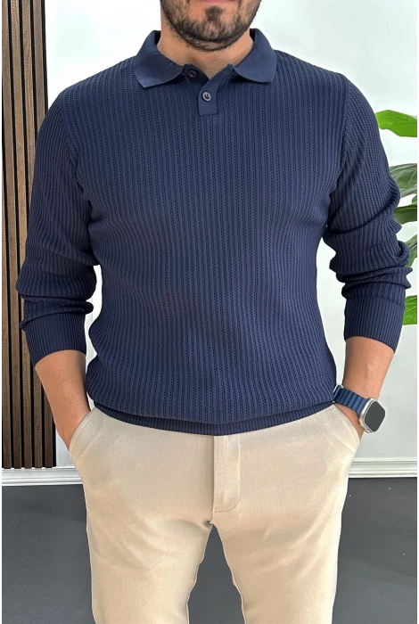 Erkek Desenli Esnek Kumaş Düğmeli Kazak Lacivert Edw429