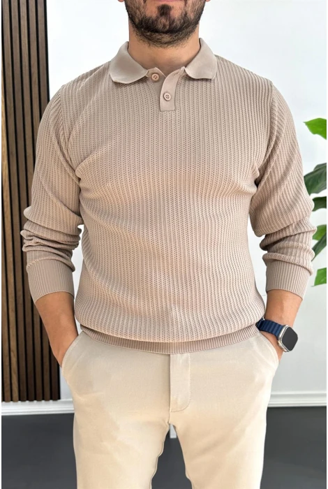 Erkek Desenli Esnek Kumaş Düğmeli Kazak Vizon Edw429