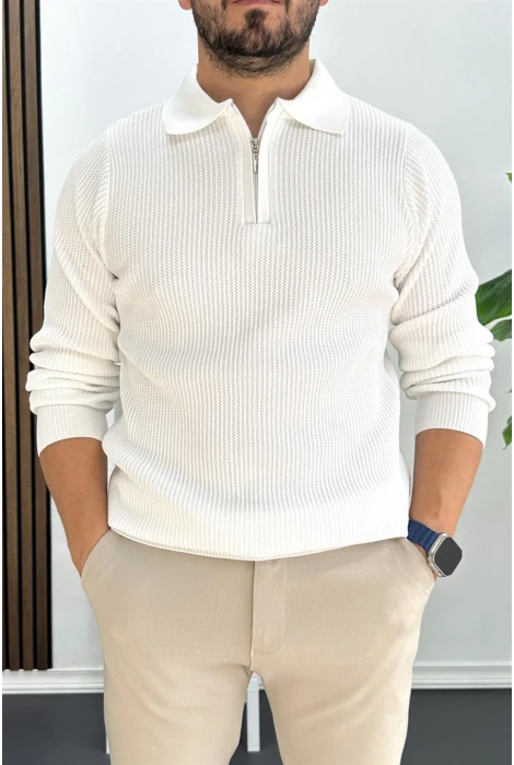 Erkek Desenli Esnek Kumaş Fermuarlı Kazak Beyaz Edw428