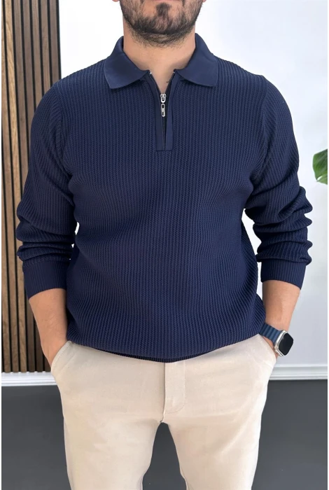 Erkek Desenli Esnek Kumaş Fermuarlı Kazak Lacivert Edw428