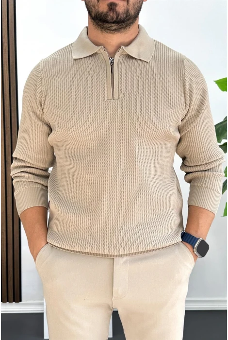 Erkek Desenli Esnek Kumaş Fermuarlı Kazak Vizon Edw428