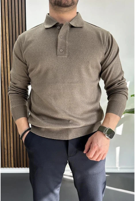 Erkek Düğmeli Polo Yaka Kazak Açık Kahverengi Edw231