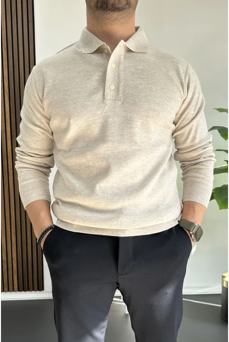 Erkek Düğmeli Polo Yaka Kazak Bej Edw231