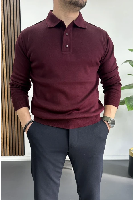 Erkek Düğmeli Polo Yaka Kazak Bordo Edw231