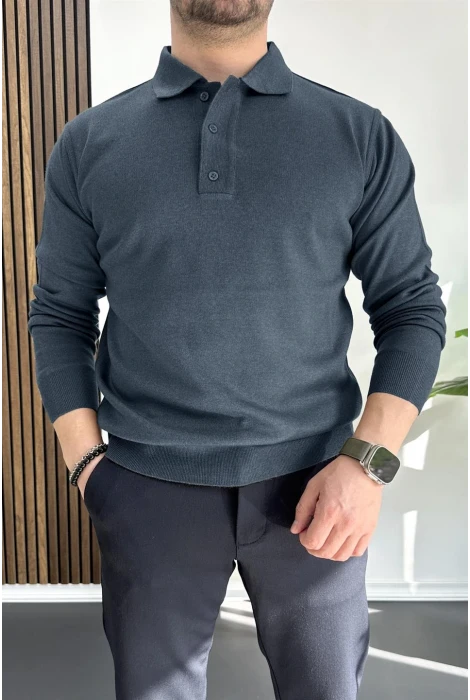 Erkek Düğmeli Polo Yaka Kazak İndigo Edw231