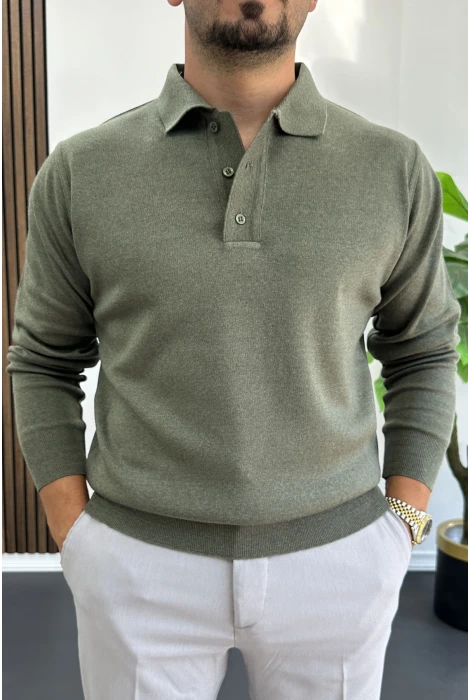 Erkek Düğmeli Polo Yaka Kazak Yeşil Edw231