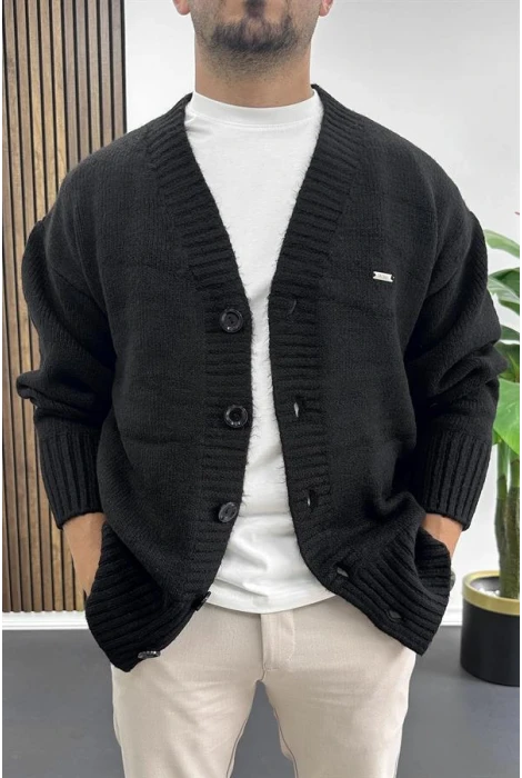 Erkek Düğmeli Rahat Kesim Hırka Siyah Edw416