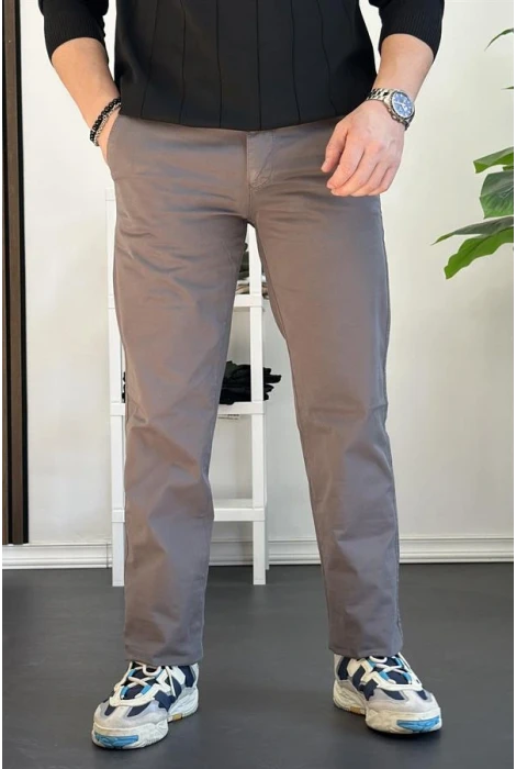 Erkek Pamuklu Chino Pantolon Standart Kalıp Gri Edw225