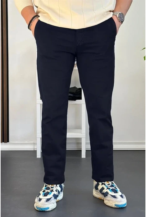 Erkek Pamuklu Chino Pantolon Standart Kalıp Lacivert Edw225