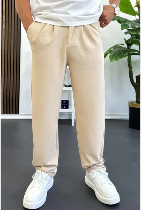 Erkek Rahat Kalıp Pileli Pantolon Krem Edw402